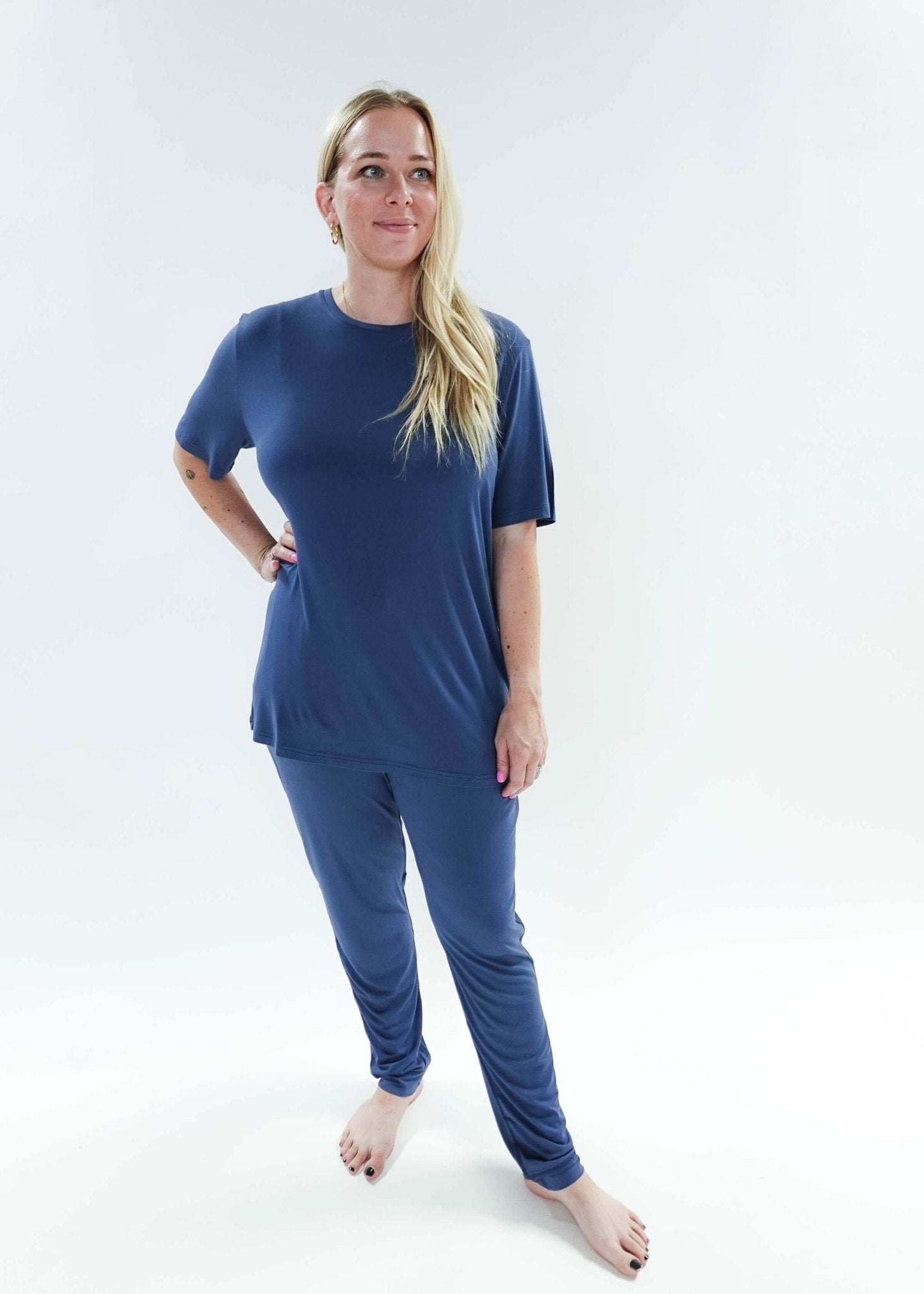 unisex denim blue relaxed crew neck tee shirt in bamboo - Bob's Sleepwear Co. 