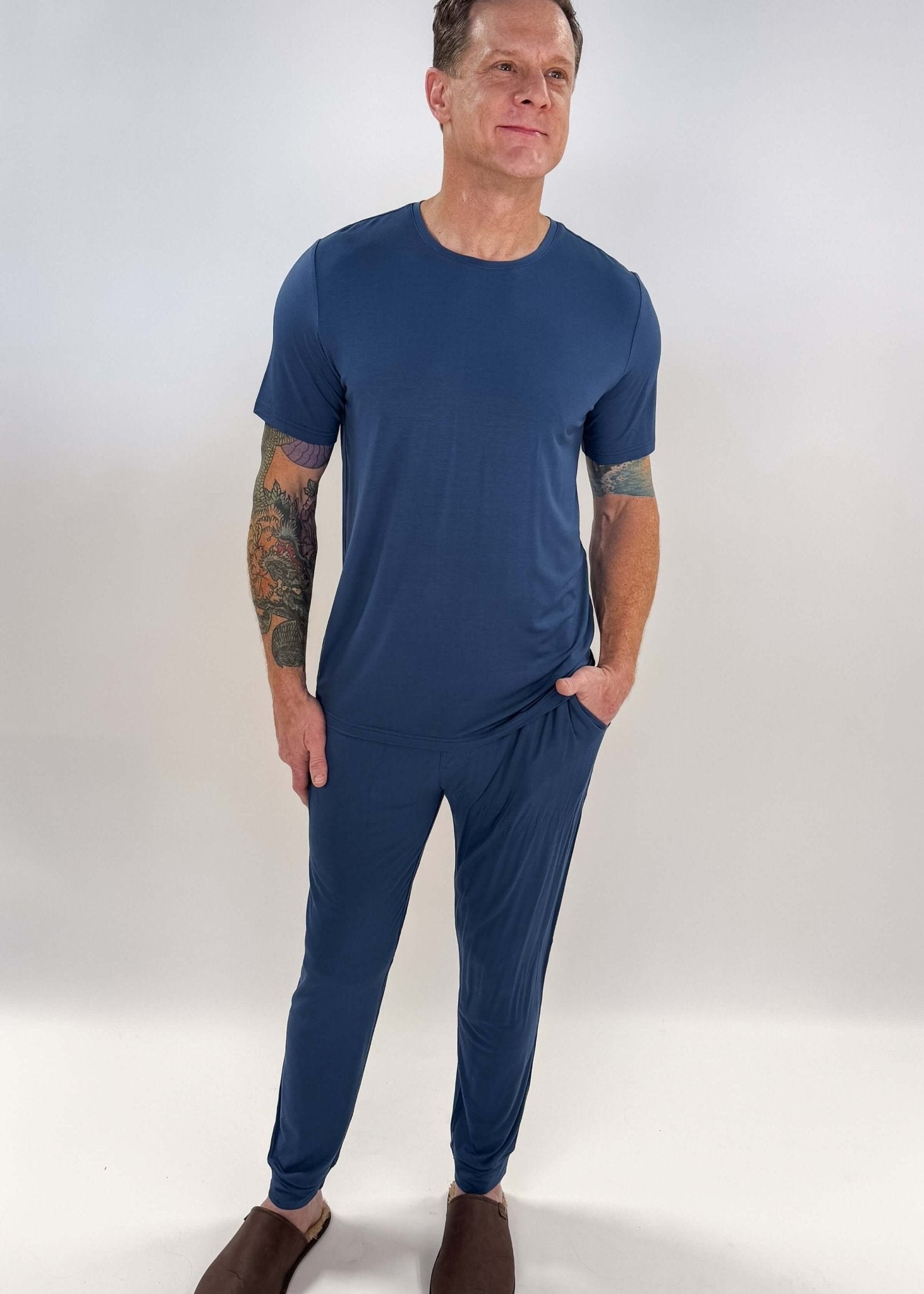 unisex denim blue relaxed crew neck tee shirt in bamboo - Bob's Sleepwear Co. 