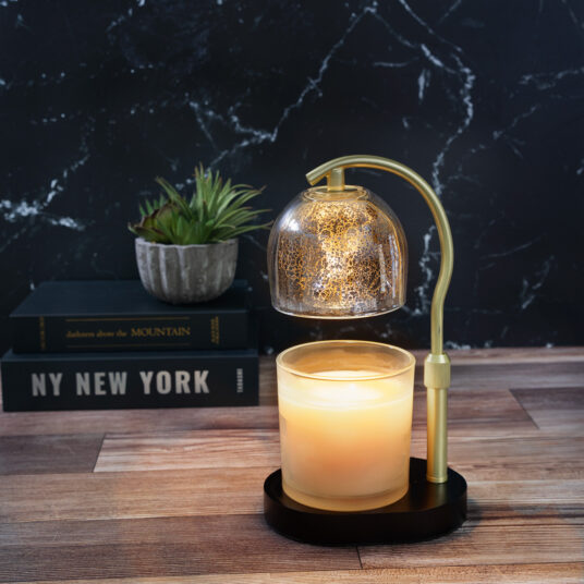 Candle Warmers Etc. Mercury Glass Candle Warmer Gold lifestyle styled on surface — Cloud Nine Pajamas Edmonton