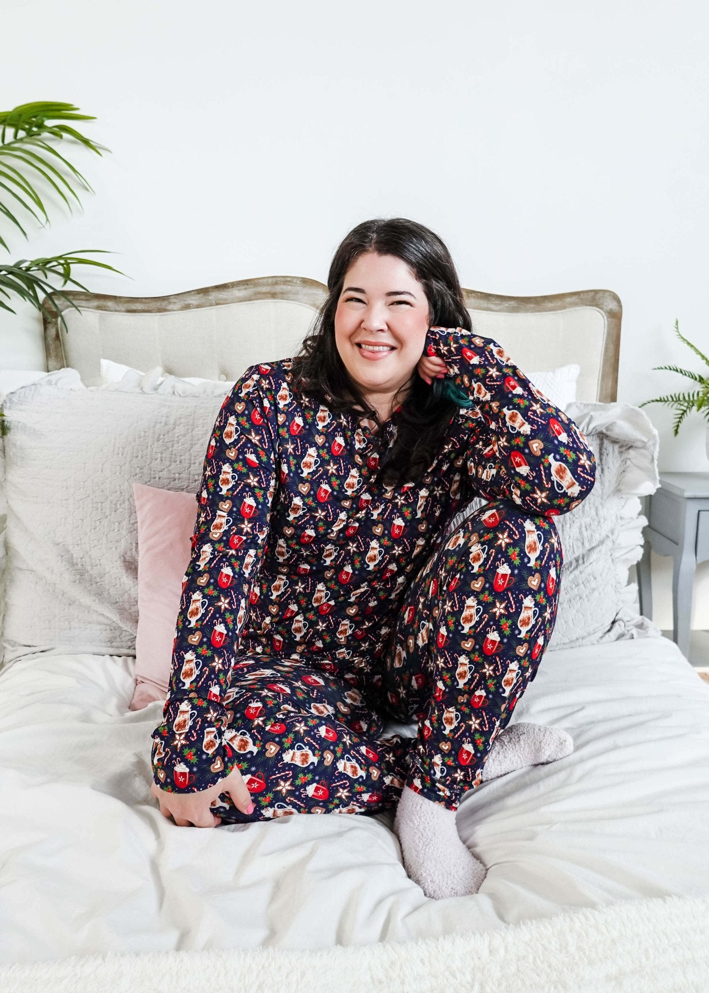 Merry Mugs Print Long Sleeve & Jogger Bamboo PJ Set woman wearing vintage print pj set in bamboo navy hot chocolate from georgia rylan