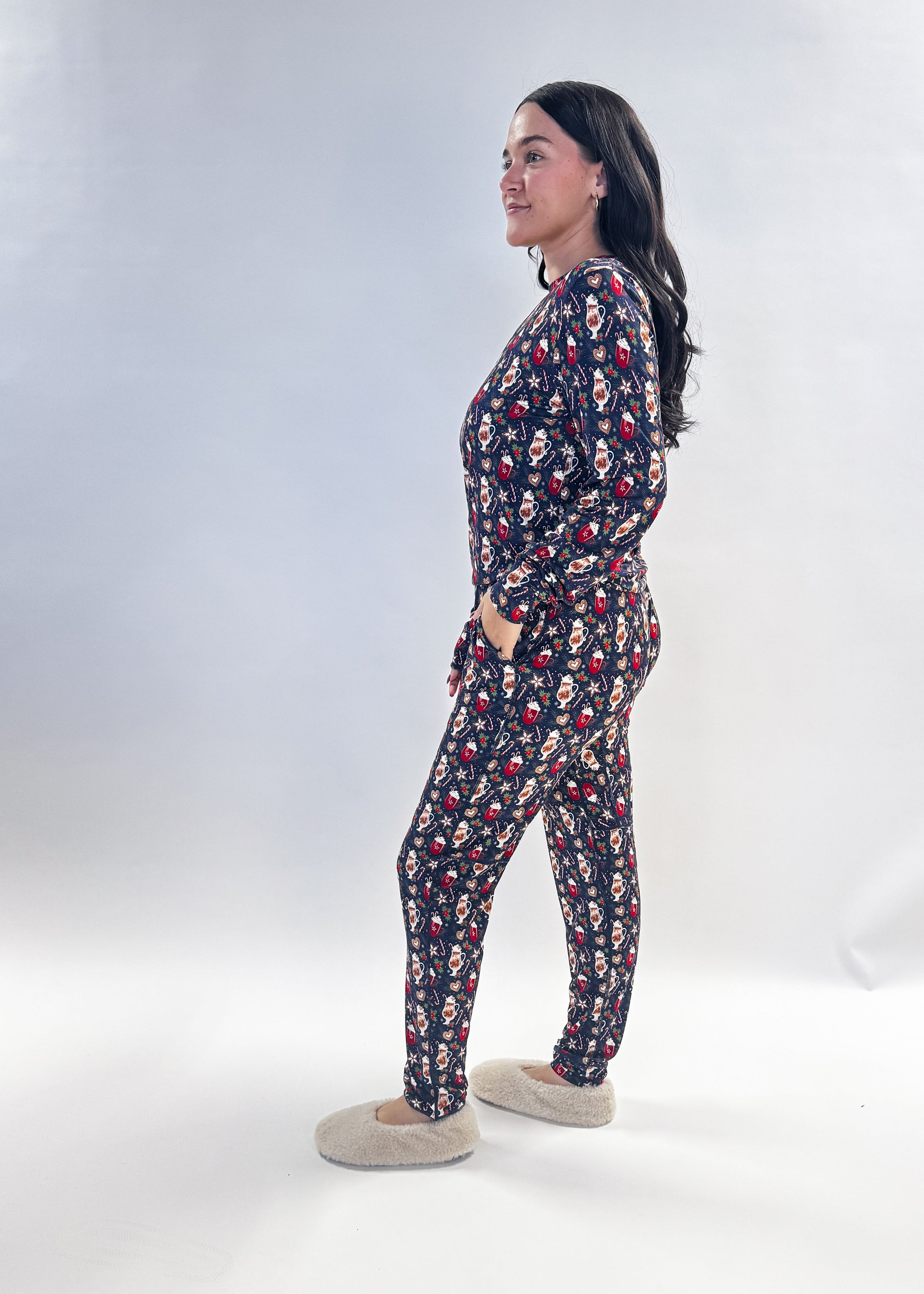 Merry Mugs Print Long Sleeve & Jogger Bamboo PJ Set woman's hot chocolate printe pj set in bamboo vintage whimsy, Georgia Rylan