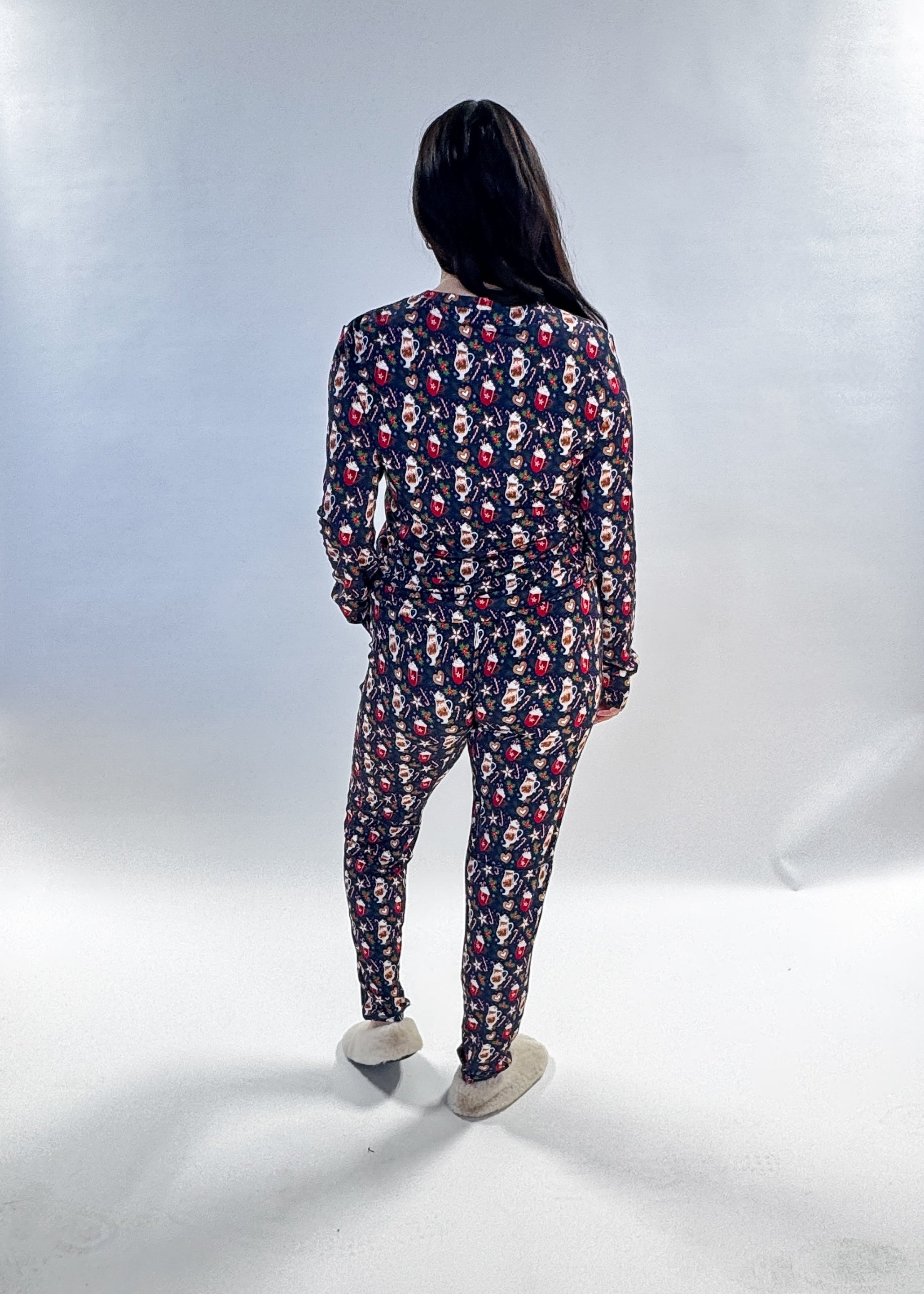 Merry Mugs Print Long Sleeve & Jogger Bamboo PJ Set woman's hot chocolate printe pj set in bamboo vintage whimsy, Georgia Rylan