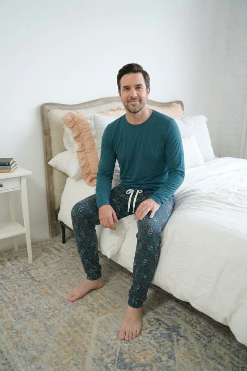 Bob's Sleepwear Co. Bamboo Long Sleeve Sleep Tee Midnight Teal lifestyle on model — Cloud Nine Pajamas Edmonton
