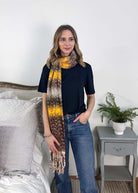yellow and brown striped knit oversized soft blanket scarf with tassles 