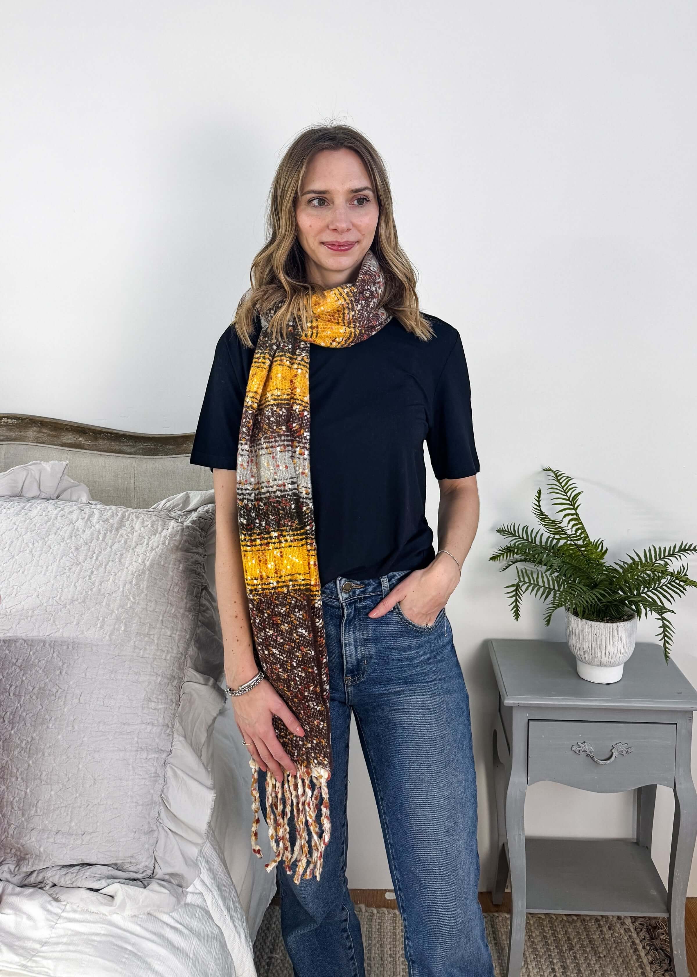 yellow and brown striped knit oversized soft blanket scarf with tassles 