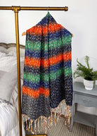 orange, blue and green striped knit oversized soft blanket scarf with tassles 