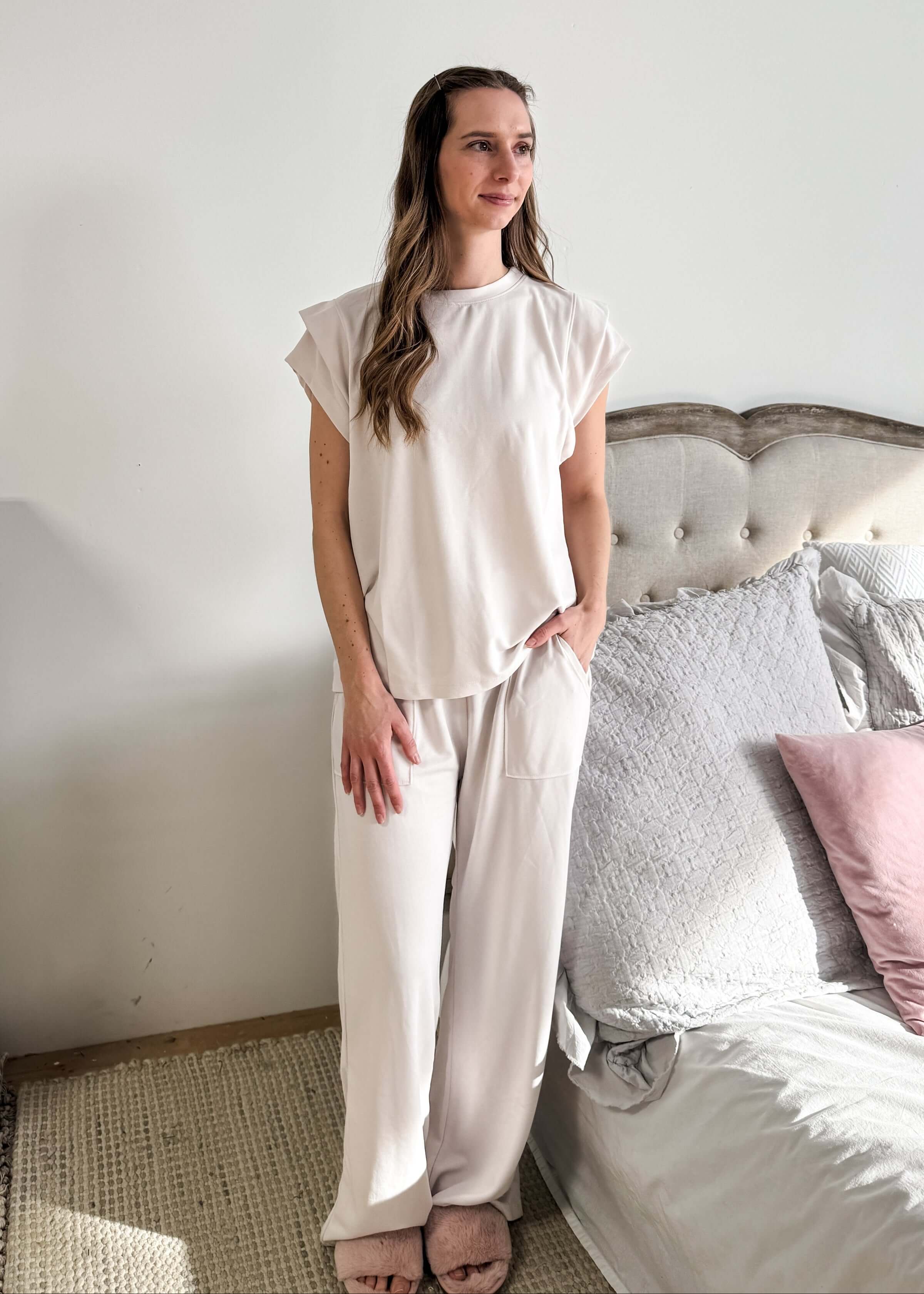 PJ Modal Tee/Wide Leg Pant Set Cream