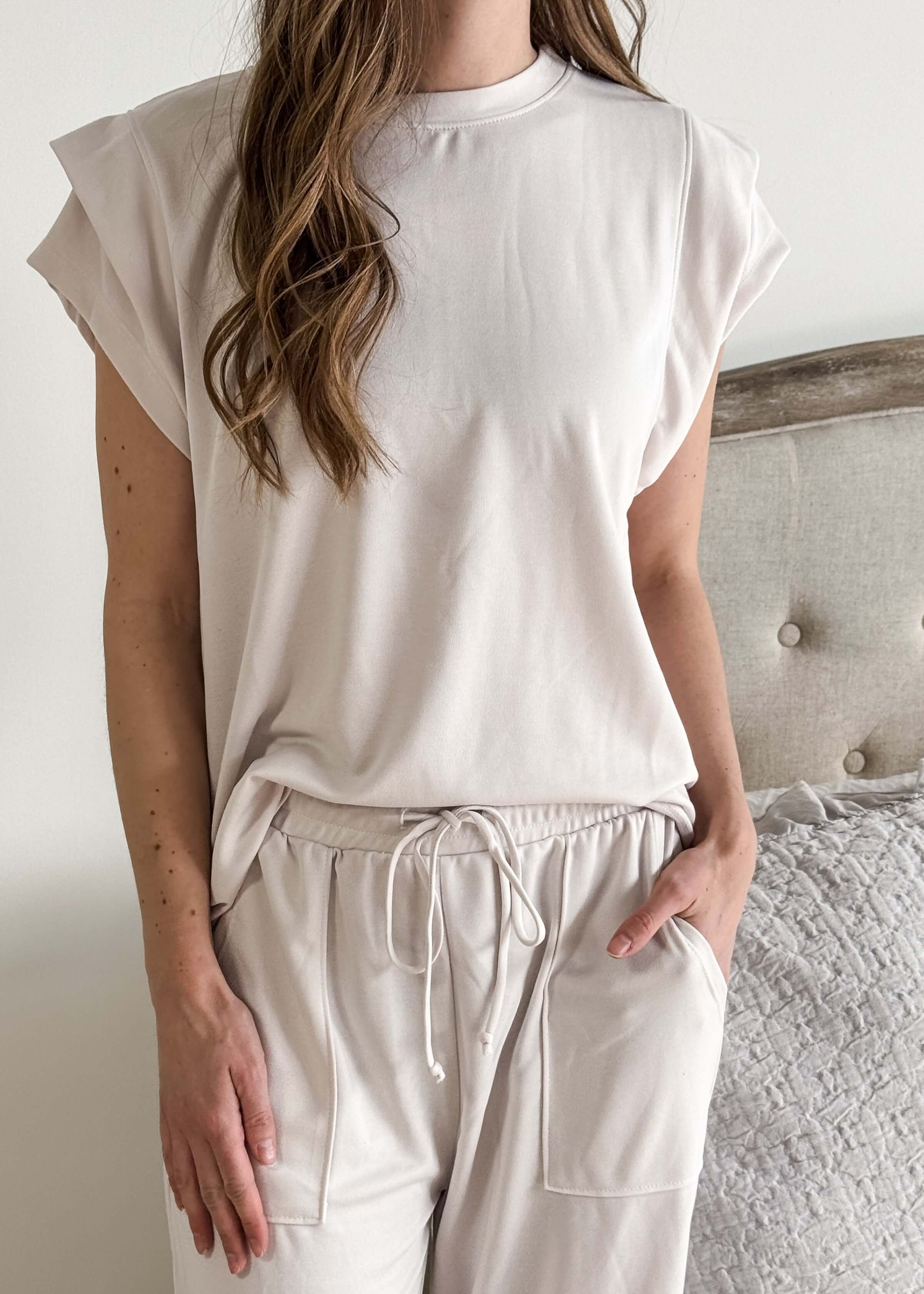PJ Modal Tee/Wide Leg Pant Set Cream