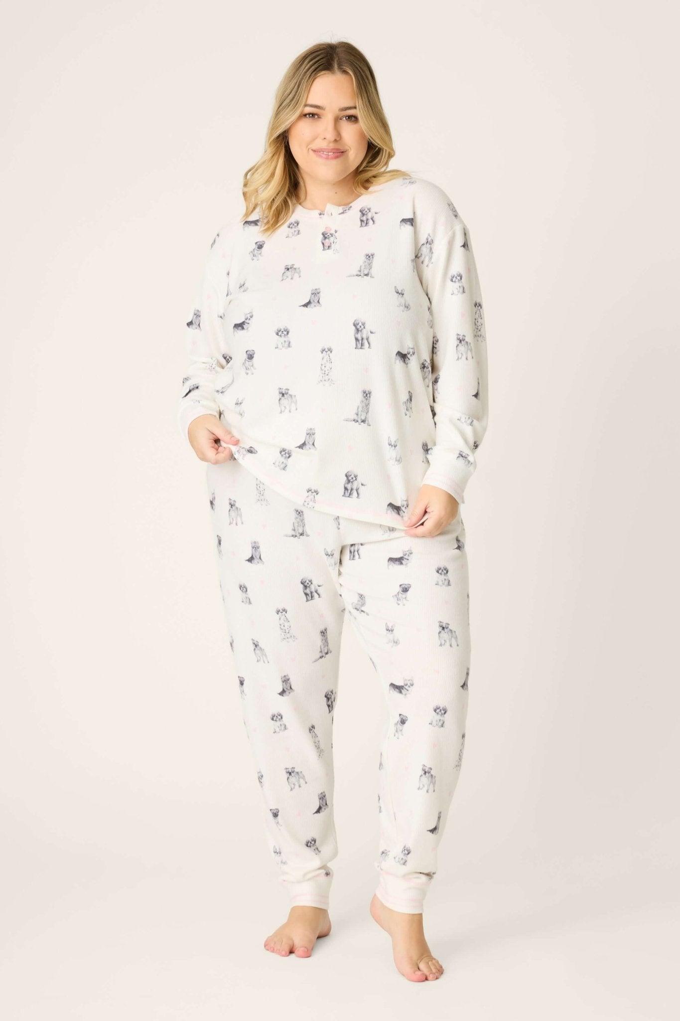 My Dog is my Valentine Peachy Jersey Jogger Set PJ Salvage featuring playful dog prints and heart sunglasses.