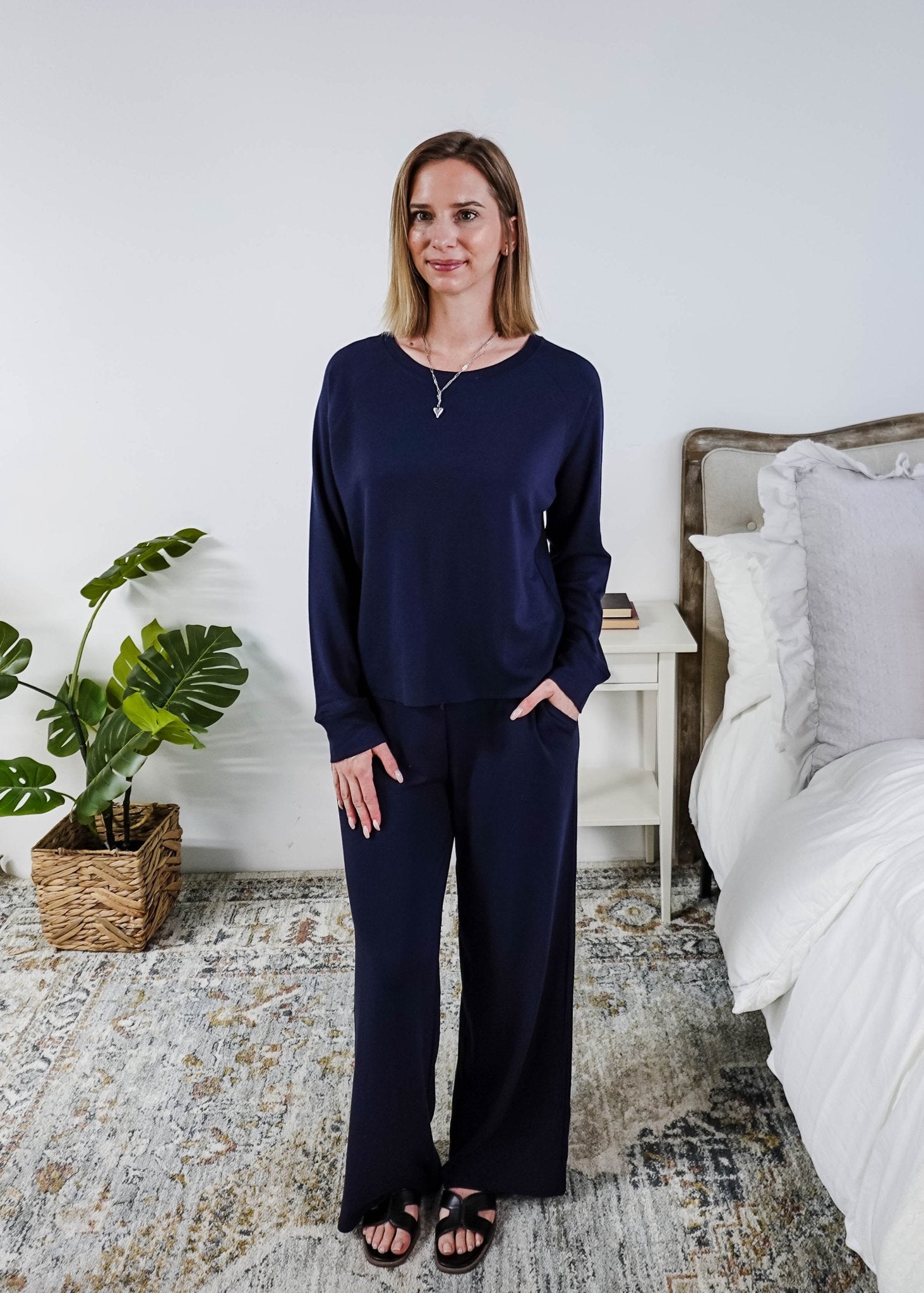 Navy Cloud Soft Raw Edge Straight Pant Bamboo Lounge Set