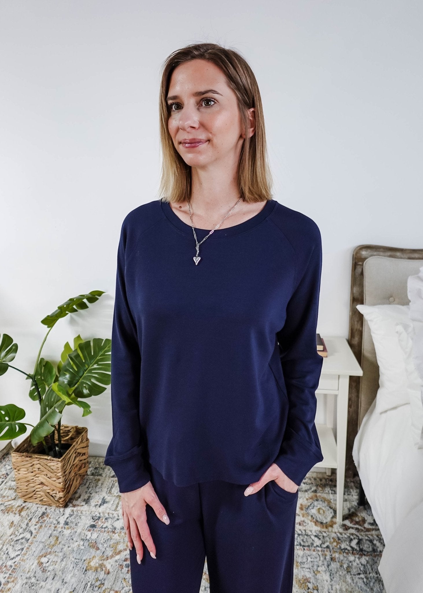 Navy Cloud Soft Raw Edge Straight Pant Bamboo Lounge Set