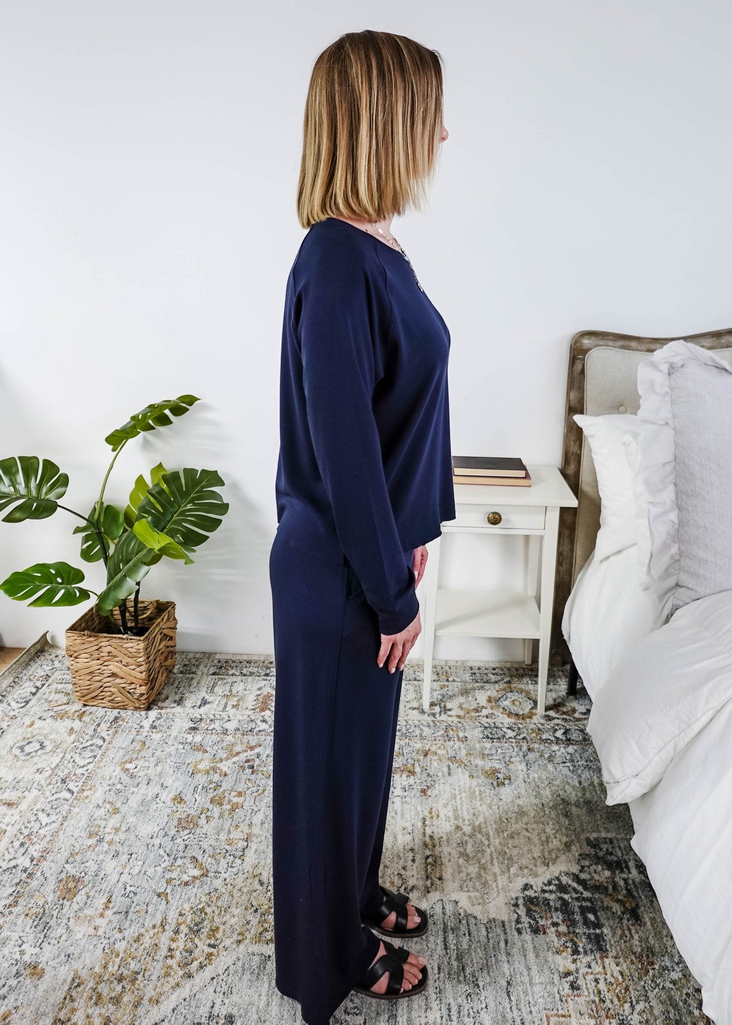 Navy Cloud Soft Raw Edge Straight Pant Bamboo Lounge Set