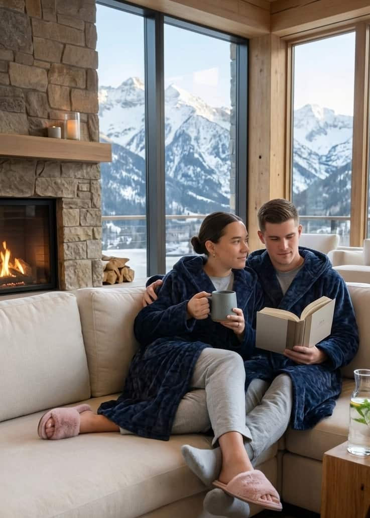 Long Navy Hooded Fleece Robe for Men and Women, lifestyle photo of couple sitting at a mountain lodge in the matching robes - Cloud Nine Pajamas