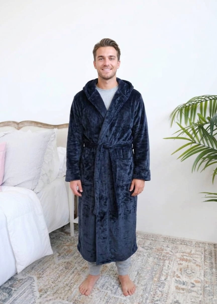Long Navy Hooded Fleece Robe on male model in bedroom setting front view - Cloud Nine Pajamas
