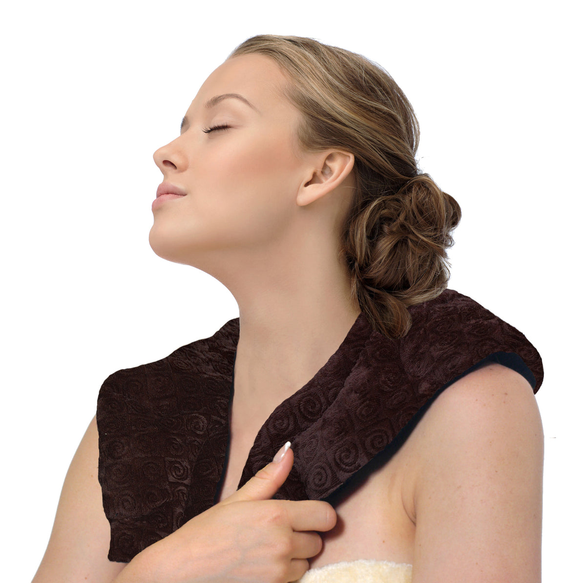 Warm Buddy Ultra Shoulder Wrap Chocolate fabric draped on shoulders — Cloud Nine Pajamas Edmonton
