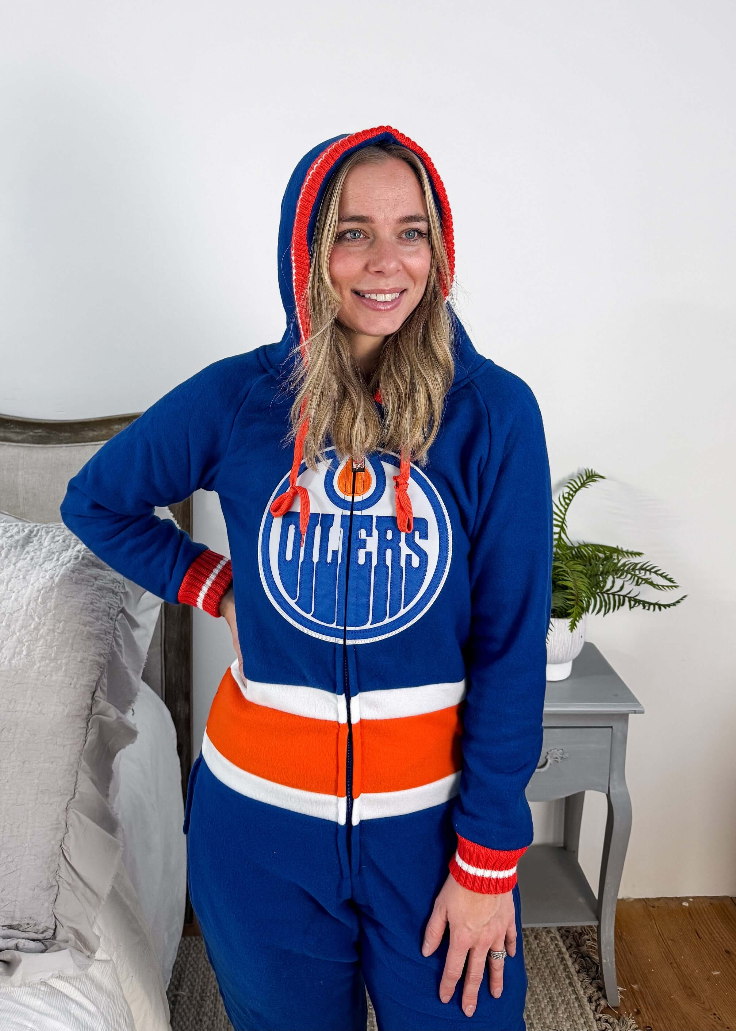 view with hood classic blue and orange Edmonton Oilers Unisex Hockey Onesie Fleece | Hockey Sockey