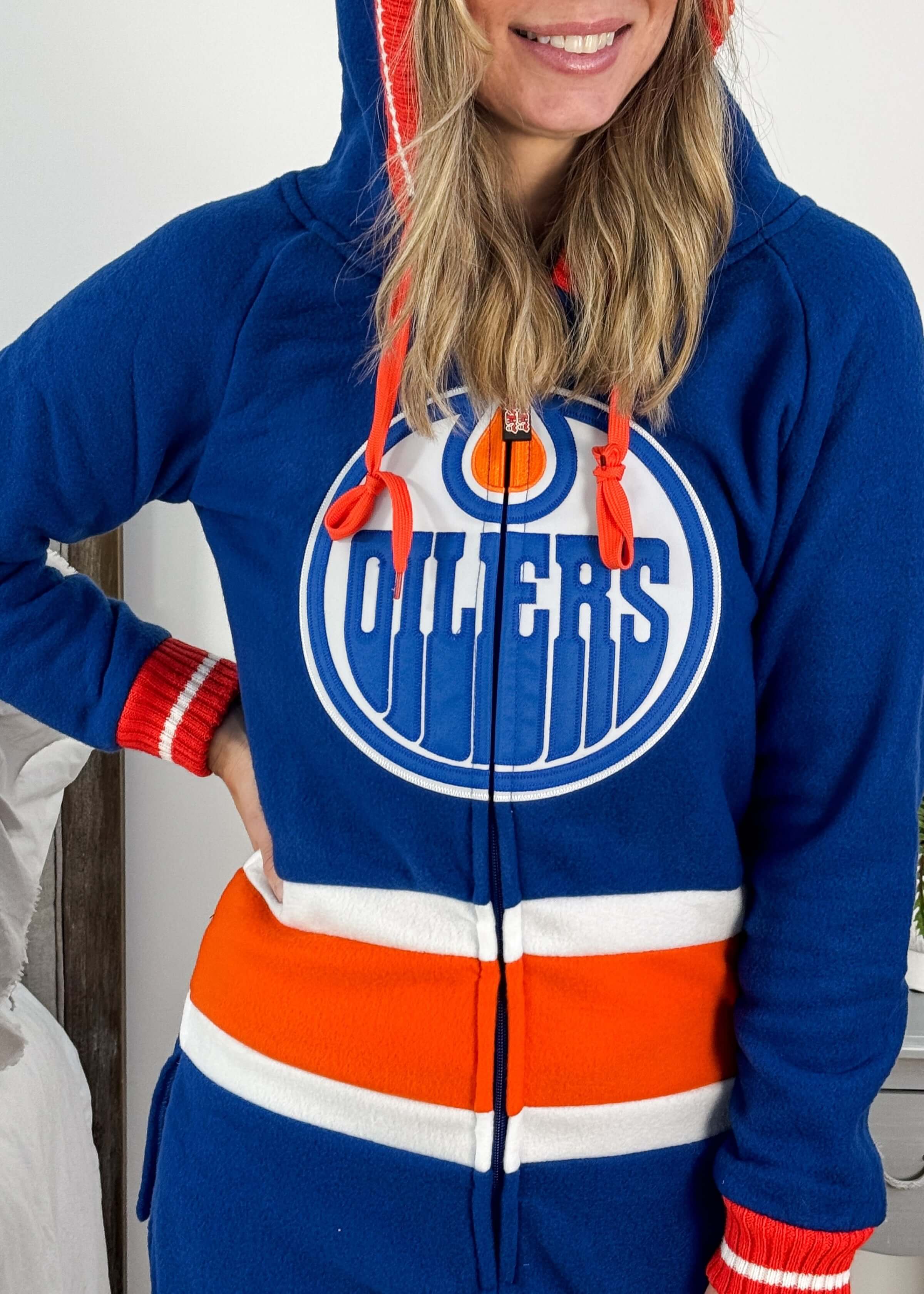 close up of logo Edmonton Oilers Unisex Hockey Onesie Fleece | Hockey Sockey
