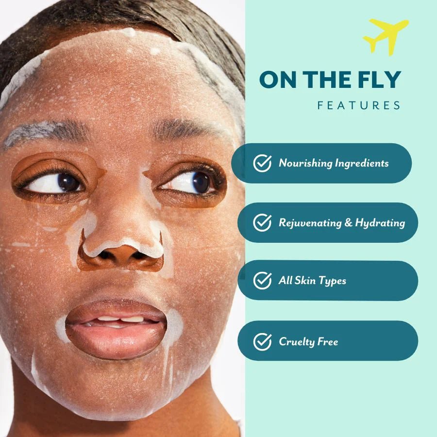 Person wearing a face mask with 'On the Fly' branding and product features listed. Patchology On the Fly travel facial skincare kit carry on