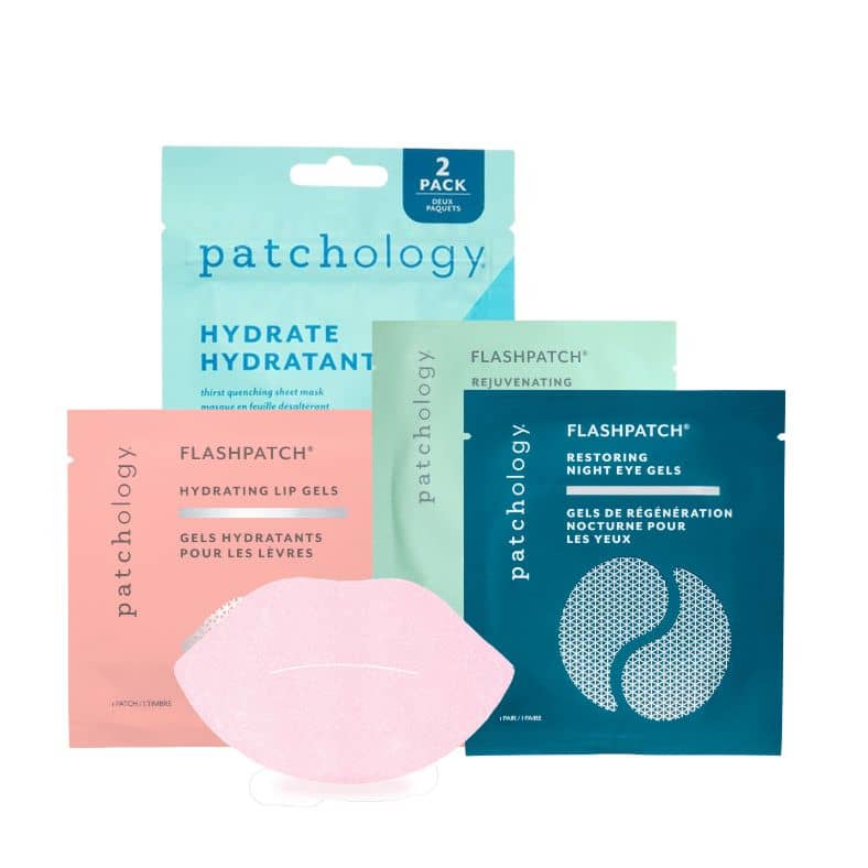 Patchology skincare products including masks and lip gels on a white background, Patchology On the Fly travel facial skincare kit carry on