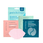 Patchology skincare products including masks and lip gels on a white background, Patchology On the Fly travel facial skincare kit carry on