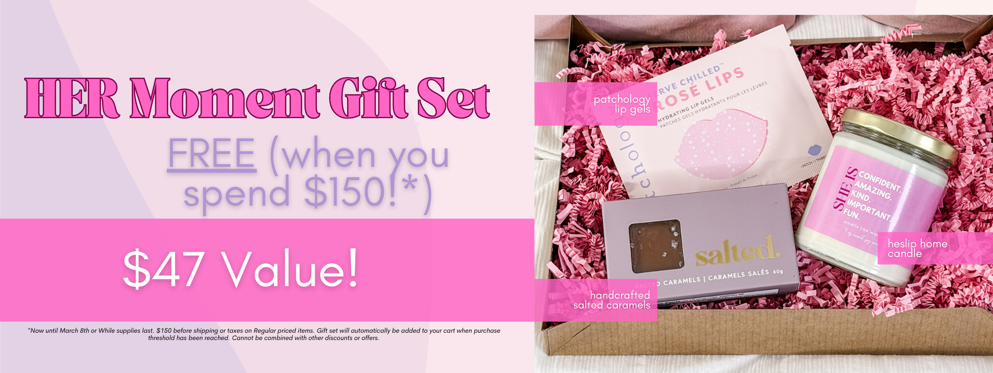 HER Moment gift set with pink packaging and text on a white background