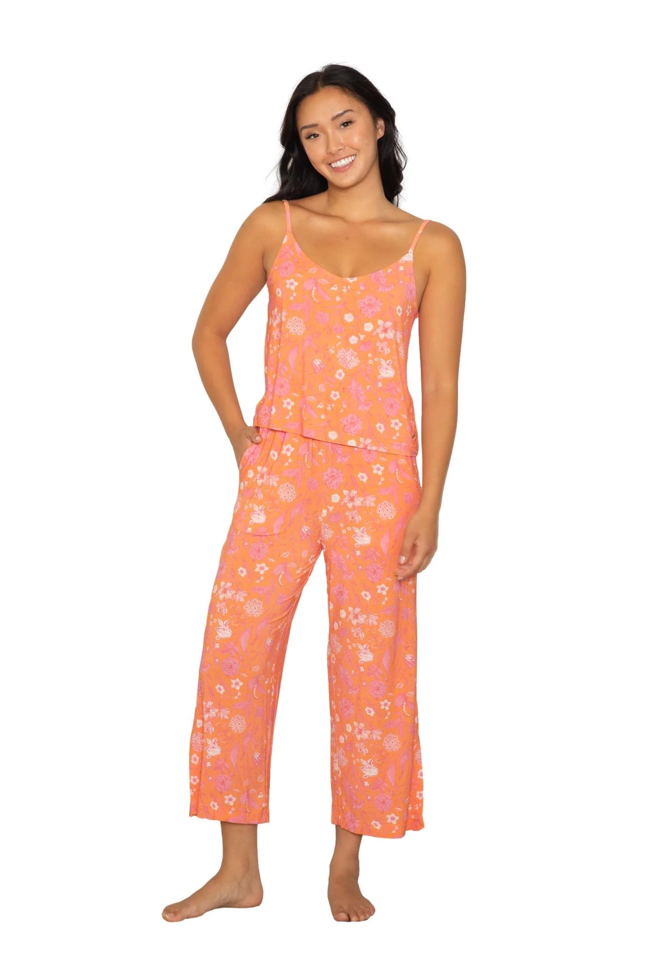 Cami & High Waist Capri PJ Set featuring a floral design in vibrant orange, perfect for cozy nights and relaxed mornings.