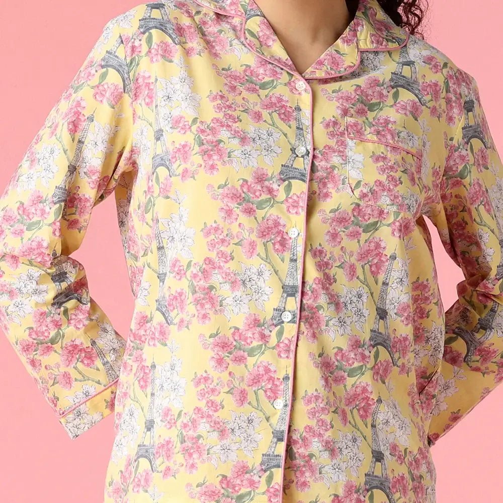 Paris Print Cotton Button Up Set | Mahogany - Mahogany - Cloud Nine Pajamas