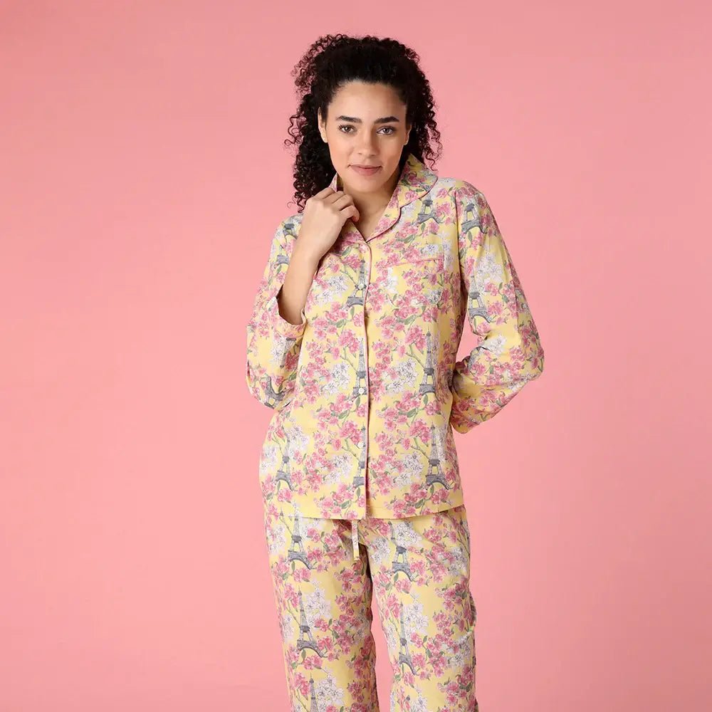 Paris Print Cotton Button Up Set | Mahogany - Mahogany - Cloud Nine Pajamas