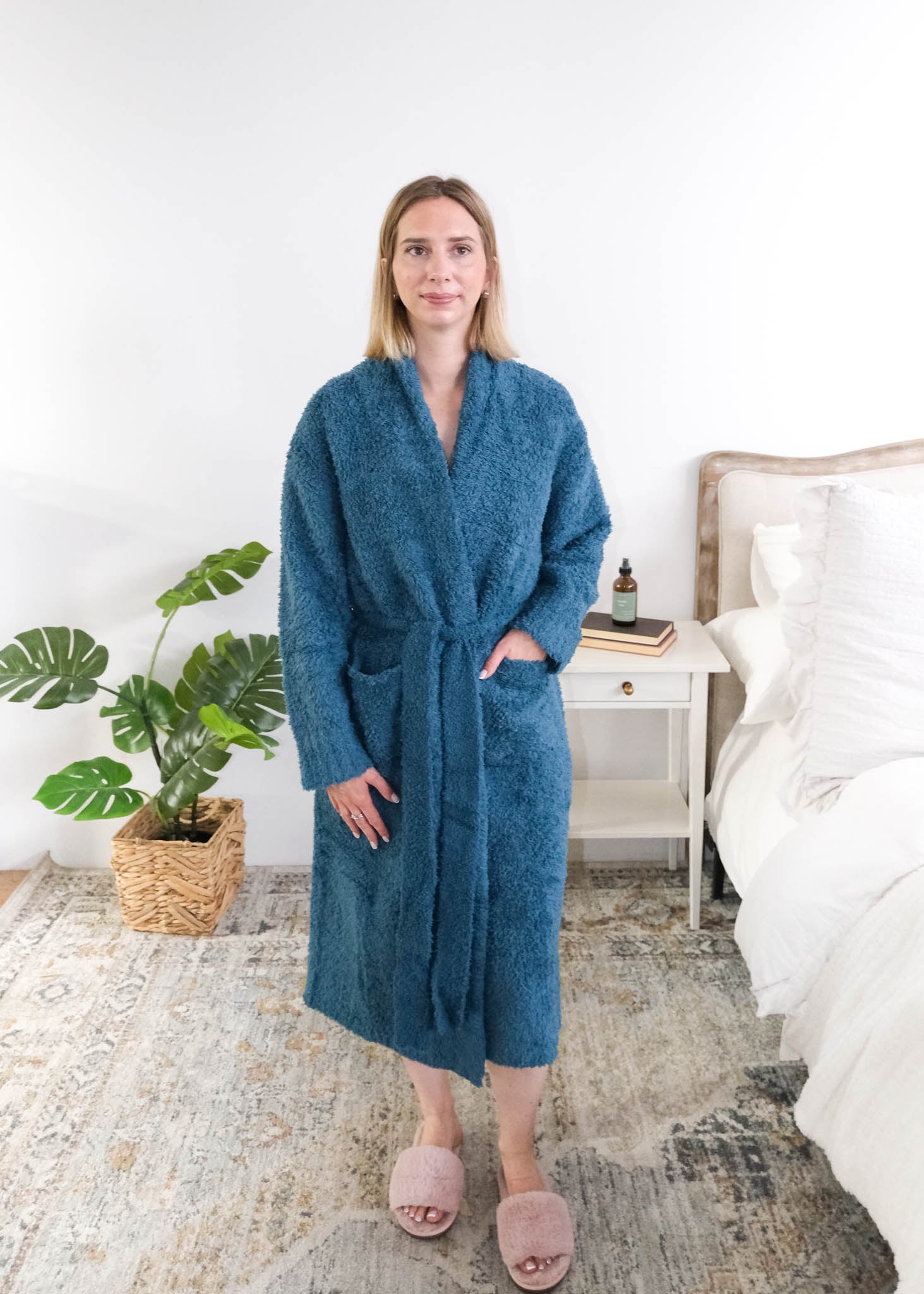 Lounge by Jan Marie Peacock Robe model wearing SM/MD lifestyle bedroom — Cloud Nine Pajamas