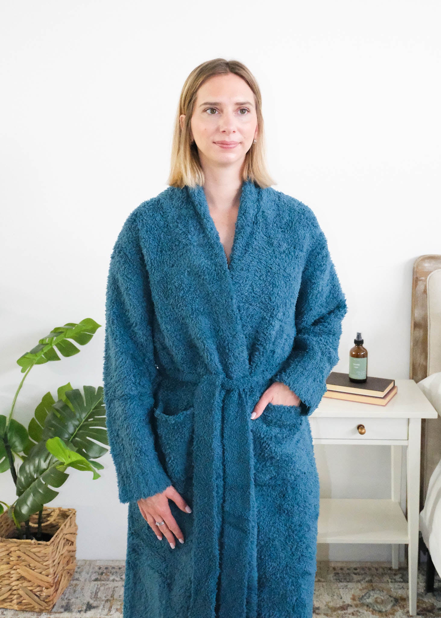 Lounge by Jan Marie Peacock Chenille Robe front view showing length and collar — Cloud Nine Pajamas