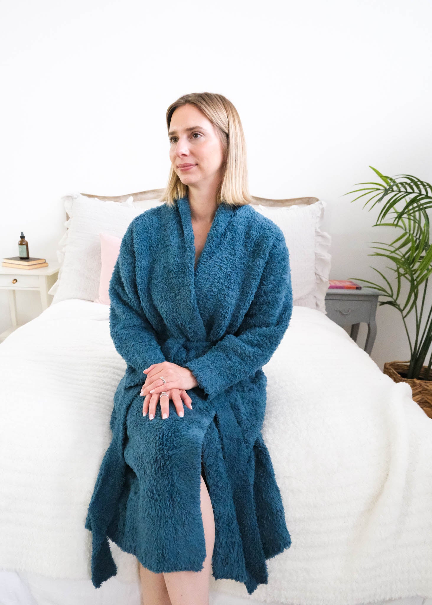 Lounge by Jan Marie Chenille Cloud Spa Robe Peacock teal full-length front view — Cloud Nine Pajamas Edmonton