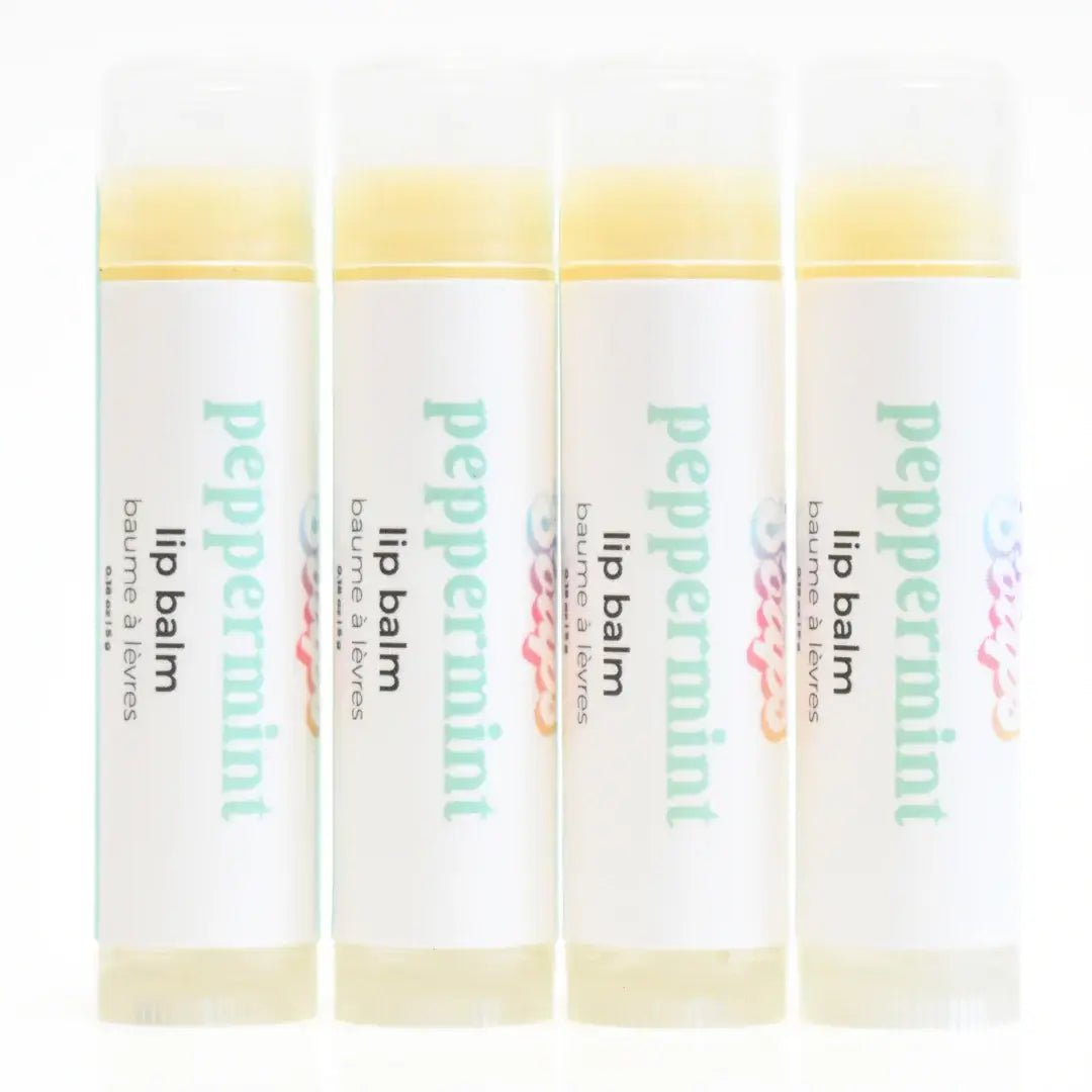 Peppermint Lip Balm tubes displaying a minty fresh flavor, designed to hydrate and soothe lips.