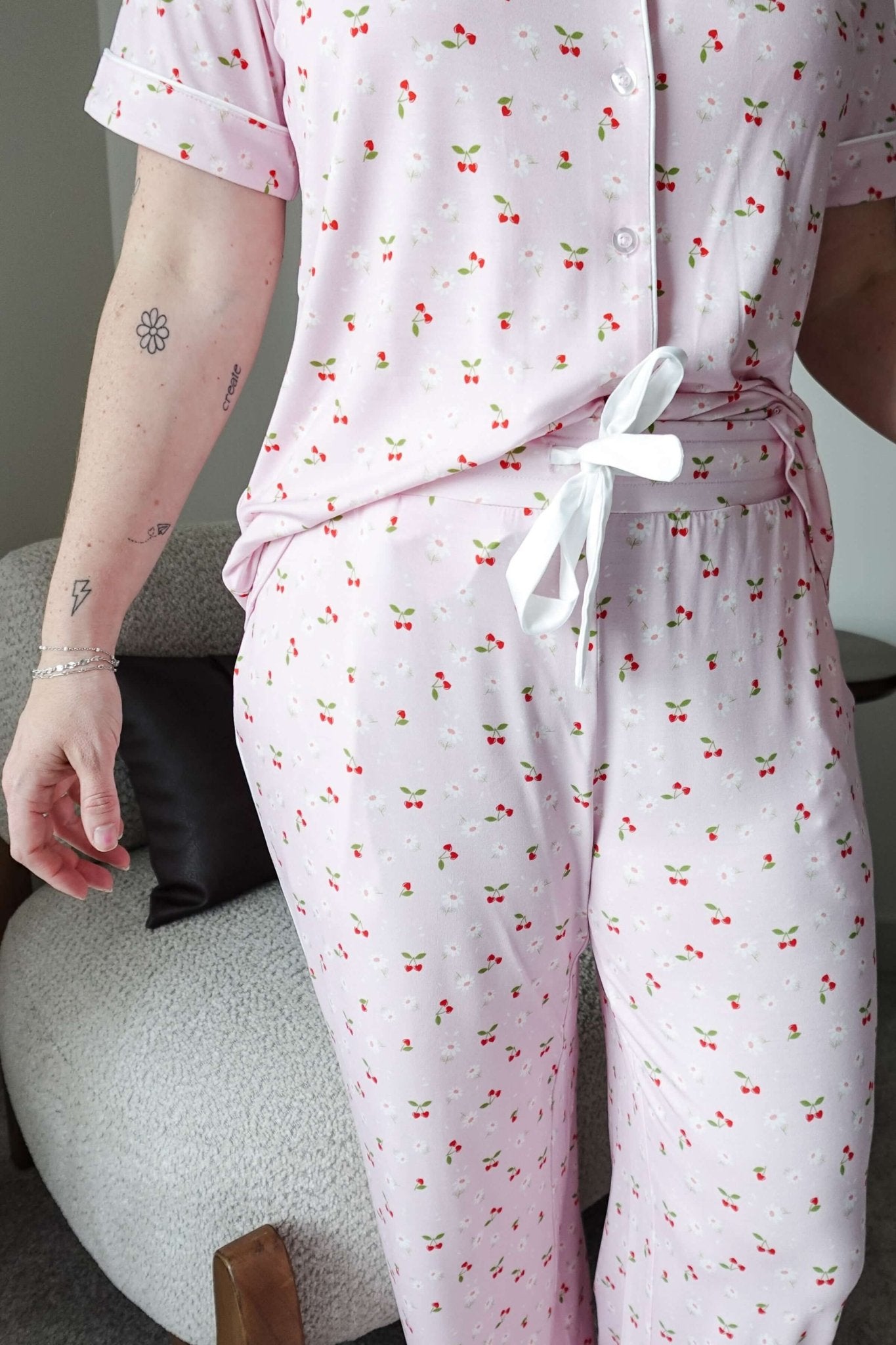 Pink Cherries Short Sleeve Button Up/Straight Pant Bamboo PJ Set - Georgia Rylan - Cloud Nine Pajamas