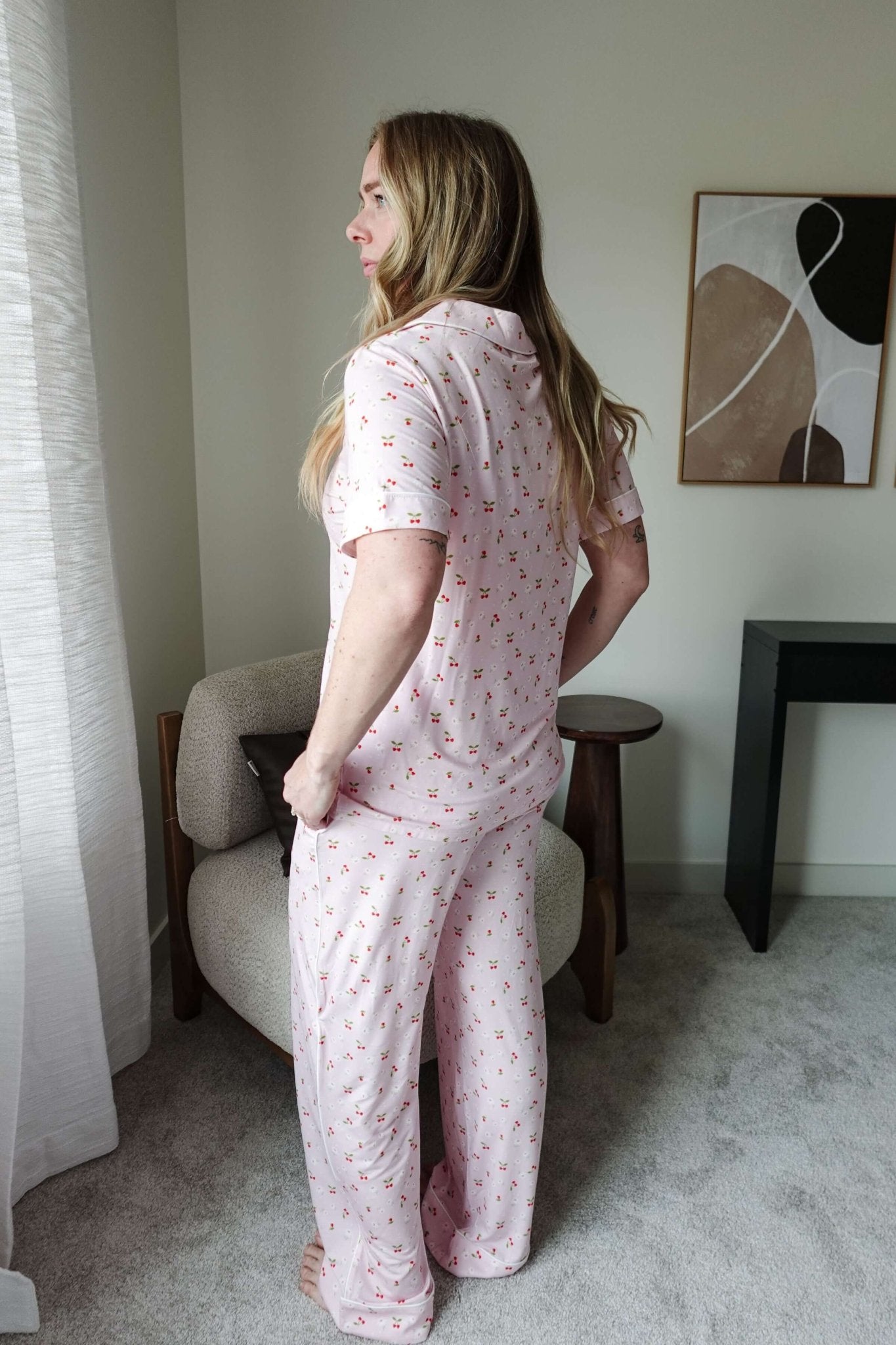 Pink Cherries Short Sleeve Button Up/Straight Pant Bamboo PJ Set - Georgia Rylan - Cloud Nine Pajamas