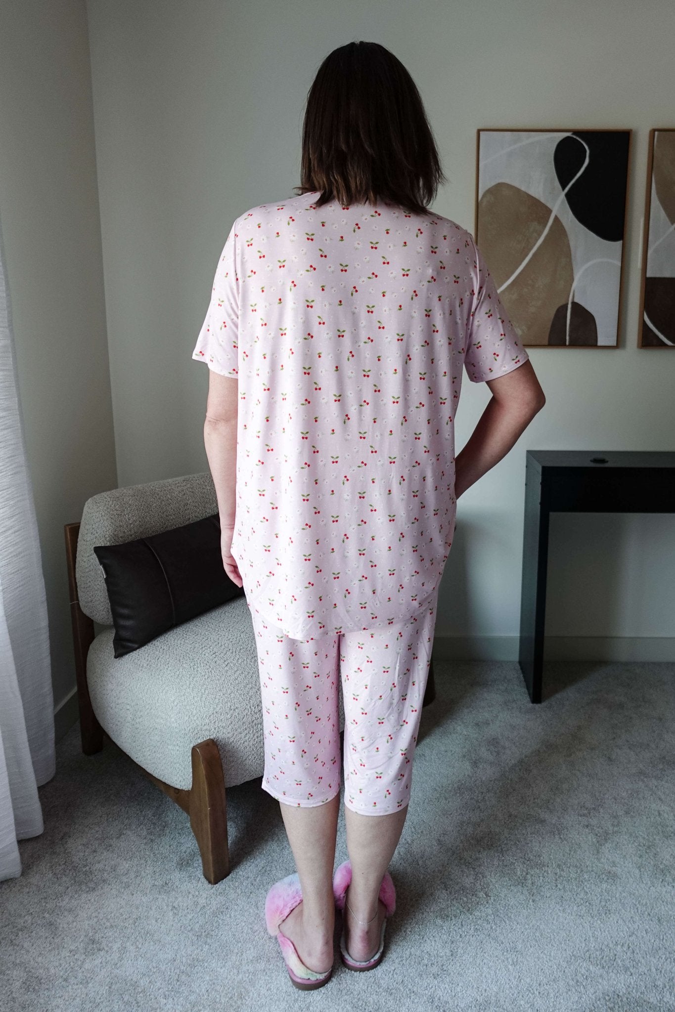 Pink Cherries Tee & Capri Cooling Bamboo Pajama Set | Georgia Rylan - Georgia Rylan - Cloud Nine Pajamas
