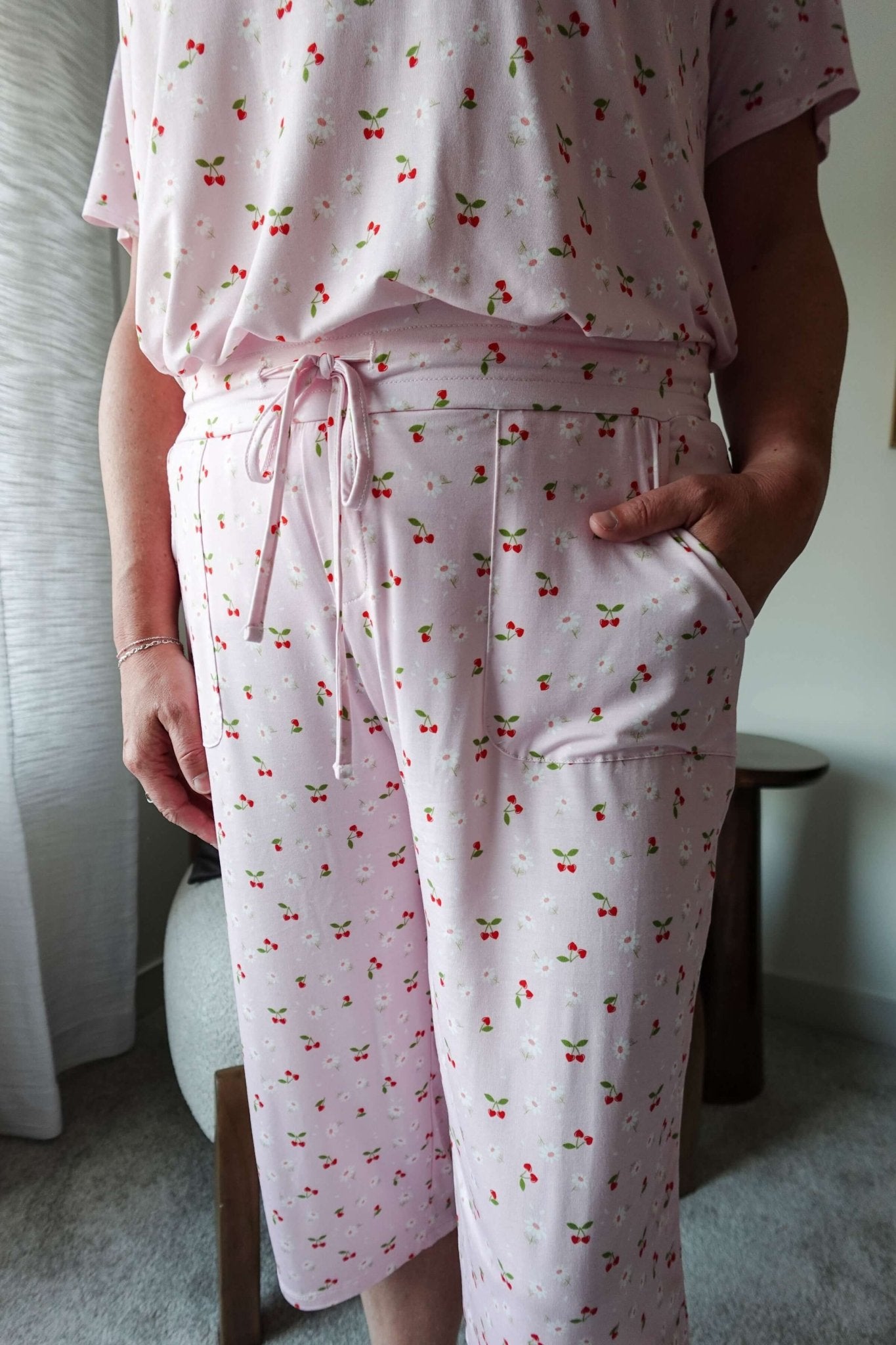 Pink Cherries Tee & Capri Cooling Bamboo Pajama Set | Georgia Rylan - Georgia Rylan - Cloud Nine Pajamas