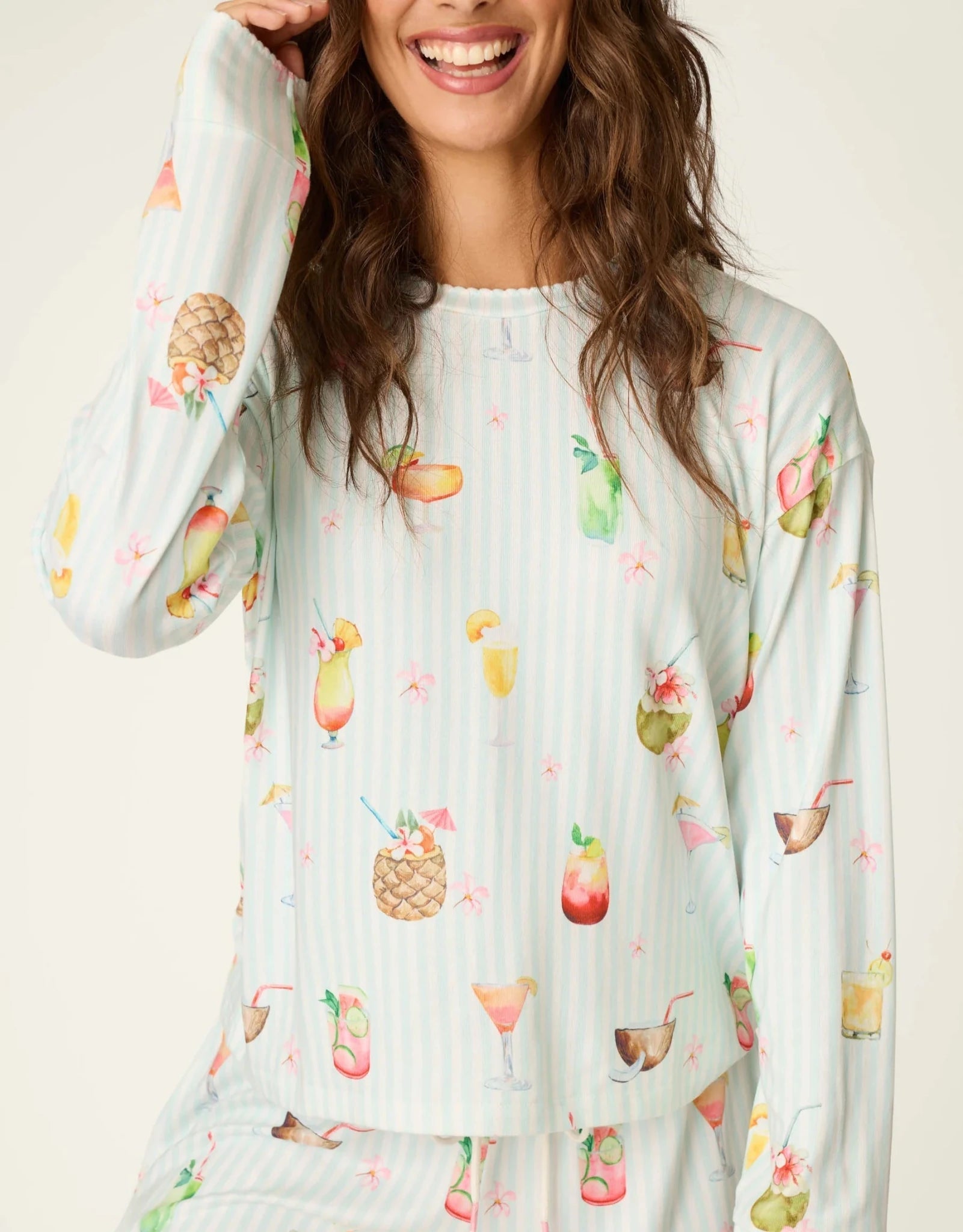 PJ Salvage 5 O'Clock Somewhere cocktail print long sleeve pyjama shirt and pant set in aqua and white stripe — Cloud Nine Pajamas Edmonton