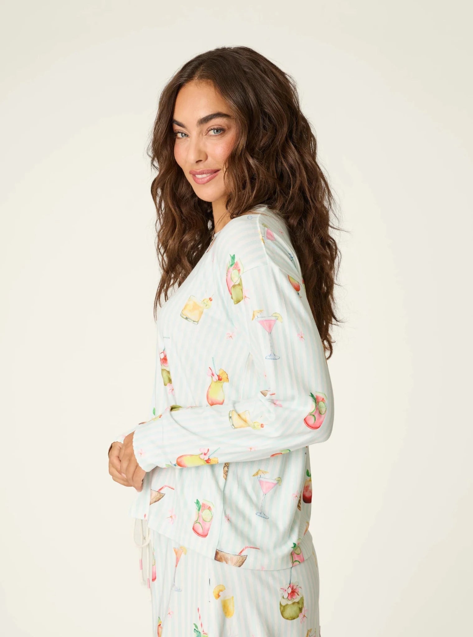 PJ Salvage 5 O'Clock Somewhere cocktail print long sleeve pyjama shirt and pant set in aqua and white stripe — Cloud Nine Pajamas Edmonton
