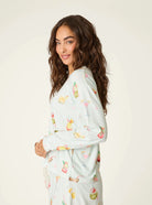 PJ Salvage 5 O'Clock Somewhere cocktail print long sleeve pyjama shirt and pant set in aqua and white stripe — Cloud Nine Pajamas Edmonton