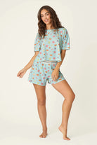 PJ Salvage Boyfriend Boxer Short PJ Set in Cool Blue Foodie print baby waffle knit — Cloud Nine Pajamas