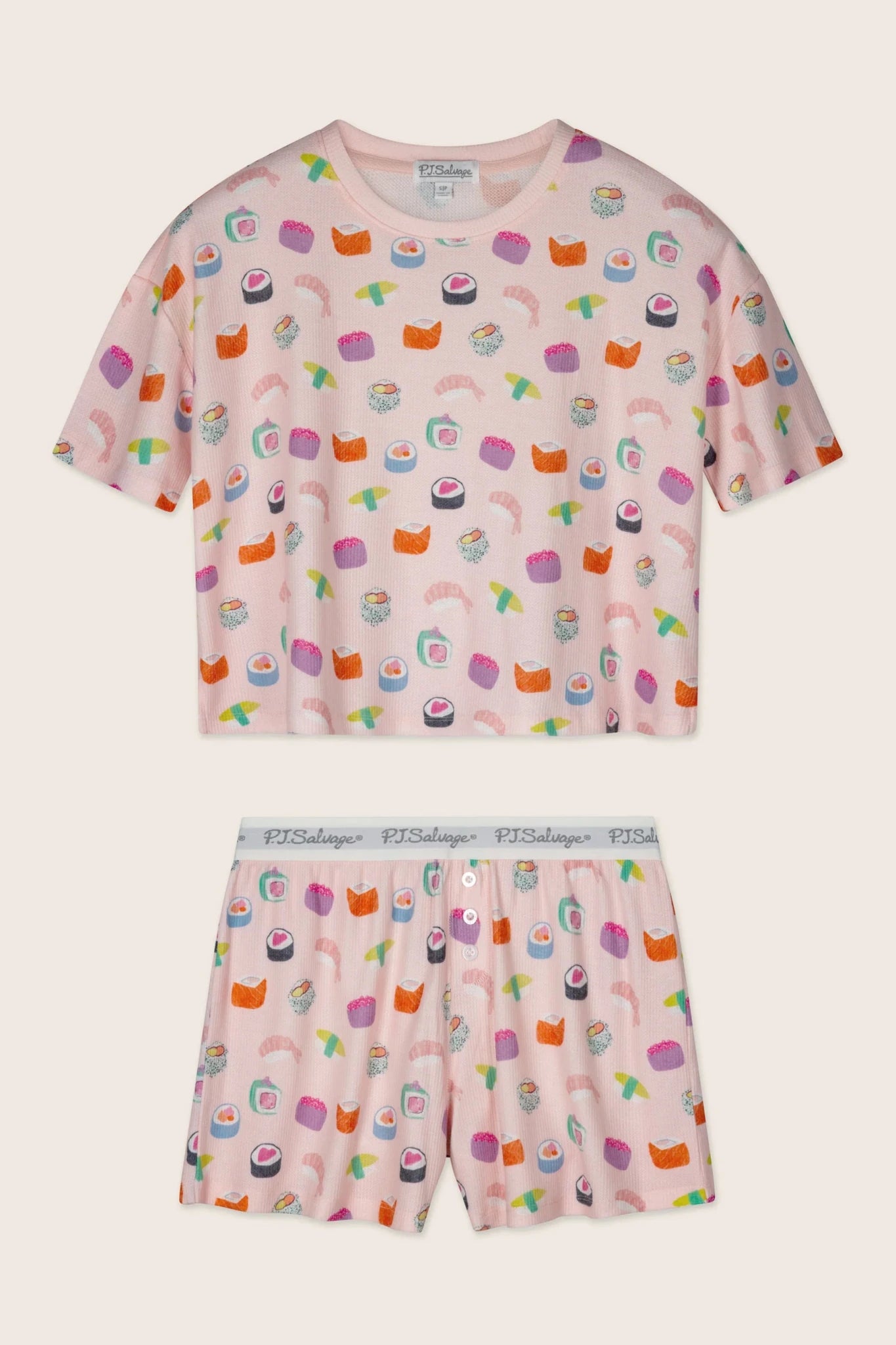 PJ Salvage Boyfriend Boxer Short PJ Set in Rosewater Sushi baby waffle knit — Cloud Nine Pajamas Edmonton