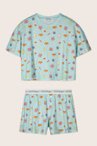 PJ Salvage Boyfriend Boxer Short PJ Set in Cool Blue Foodie print baby waffle knit — Cloud Nine Pajamas