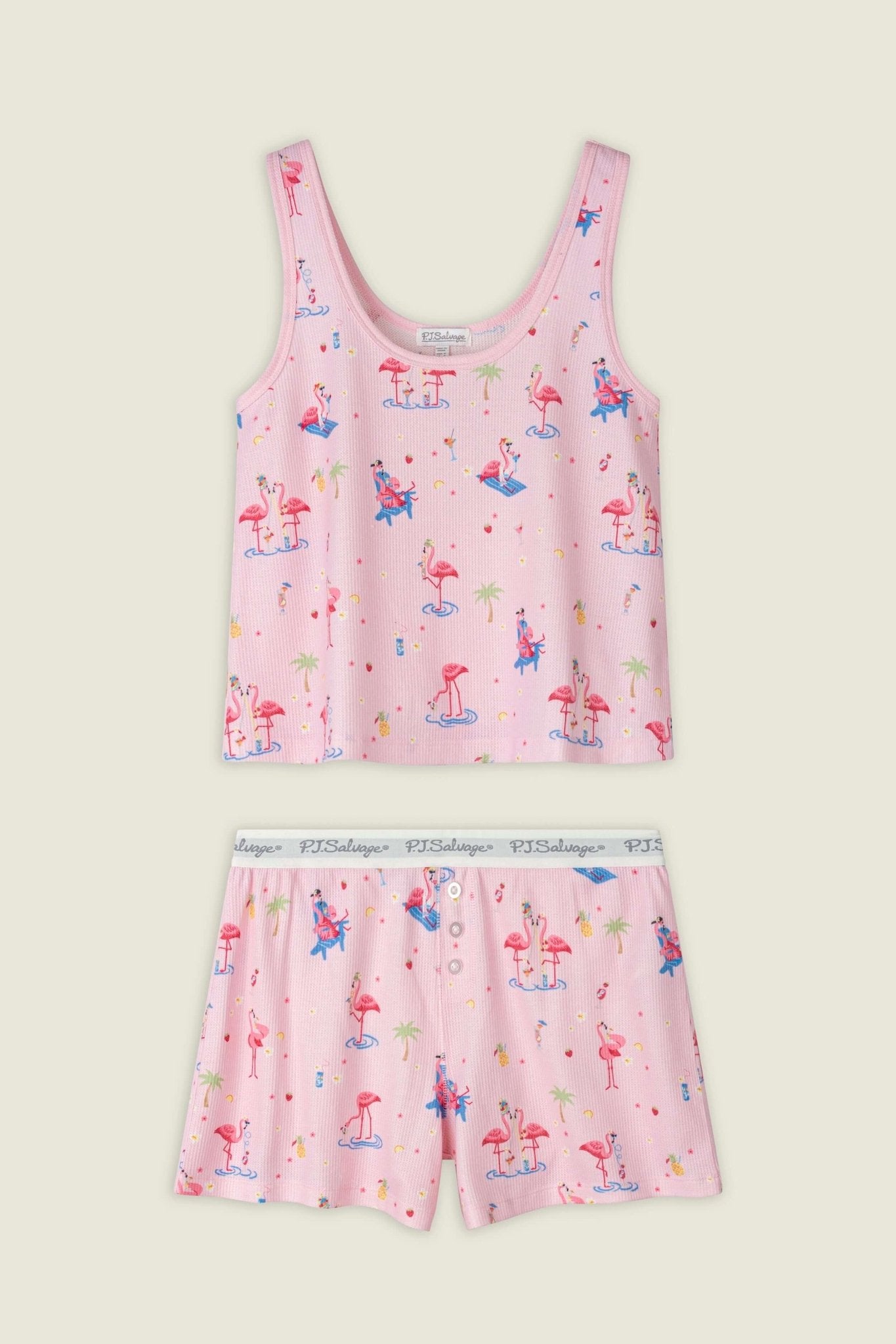 PJ Salvage - Boyfriend Peachy Waffle Tank & Boxer Set in pink with flamingo print