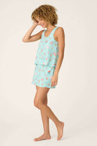 PJ Salvage - Boyfriend Peachy Waffle Tank & Boxer Set worn by a woman with curly hair, featuring mint color with playful print.