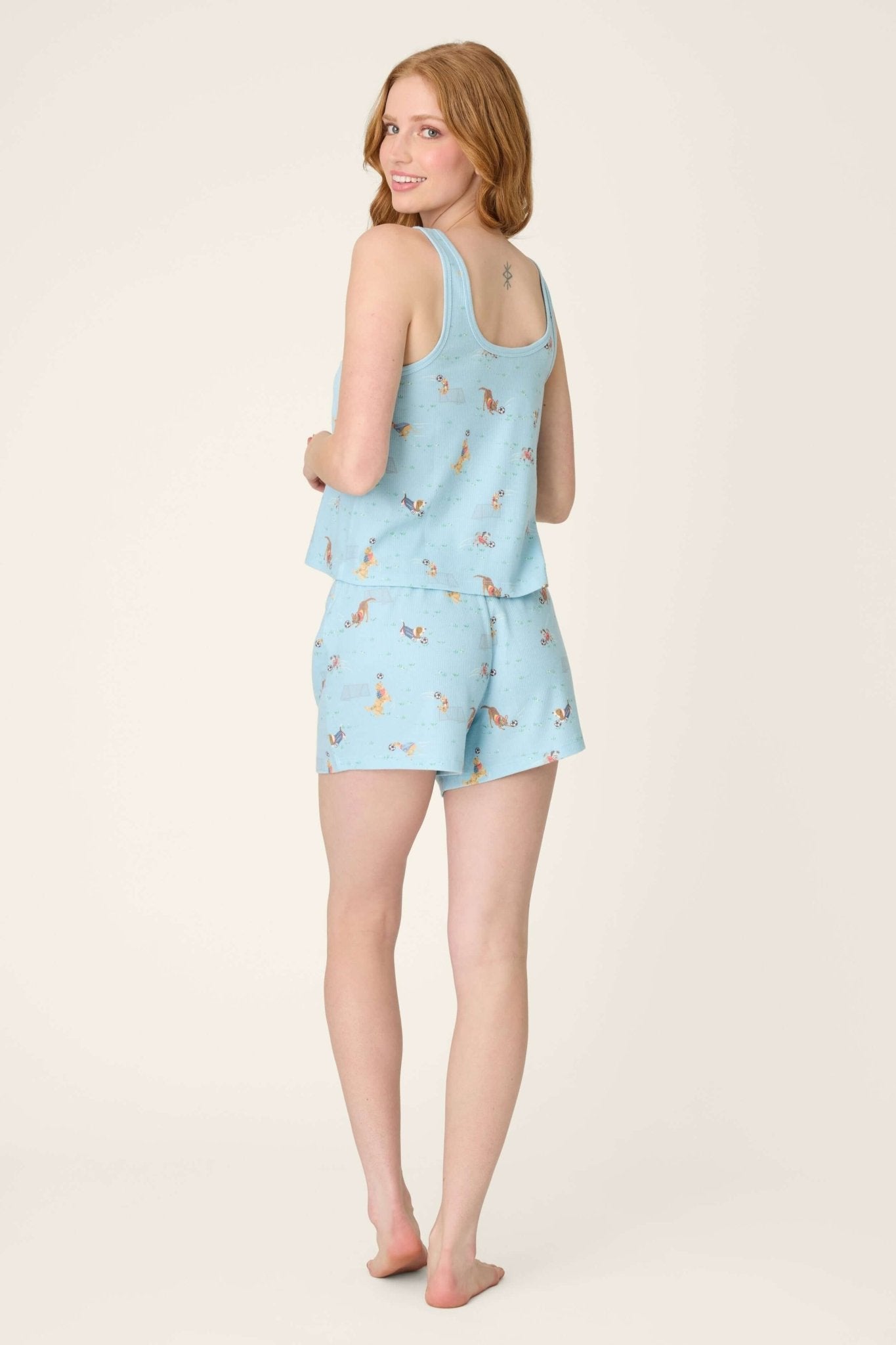 PJ Salvage - Boyfriend Peachy Waffle Tank & Boxer Set worn by a model, showing back view in light blue.