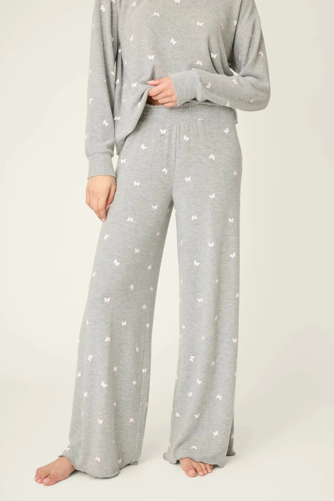 PJ Salvage Peachy Butterfly Kisses Lounge Set featuring a cozy top and wide-leg pants in heathered grey.