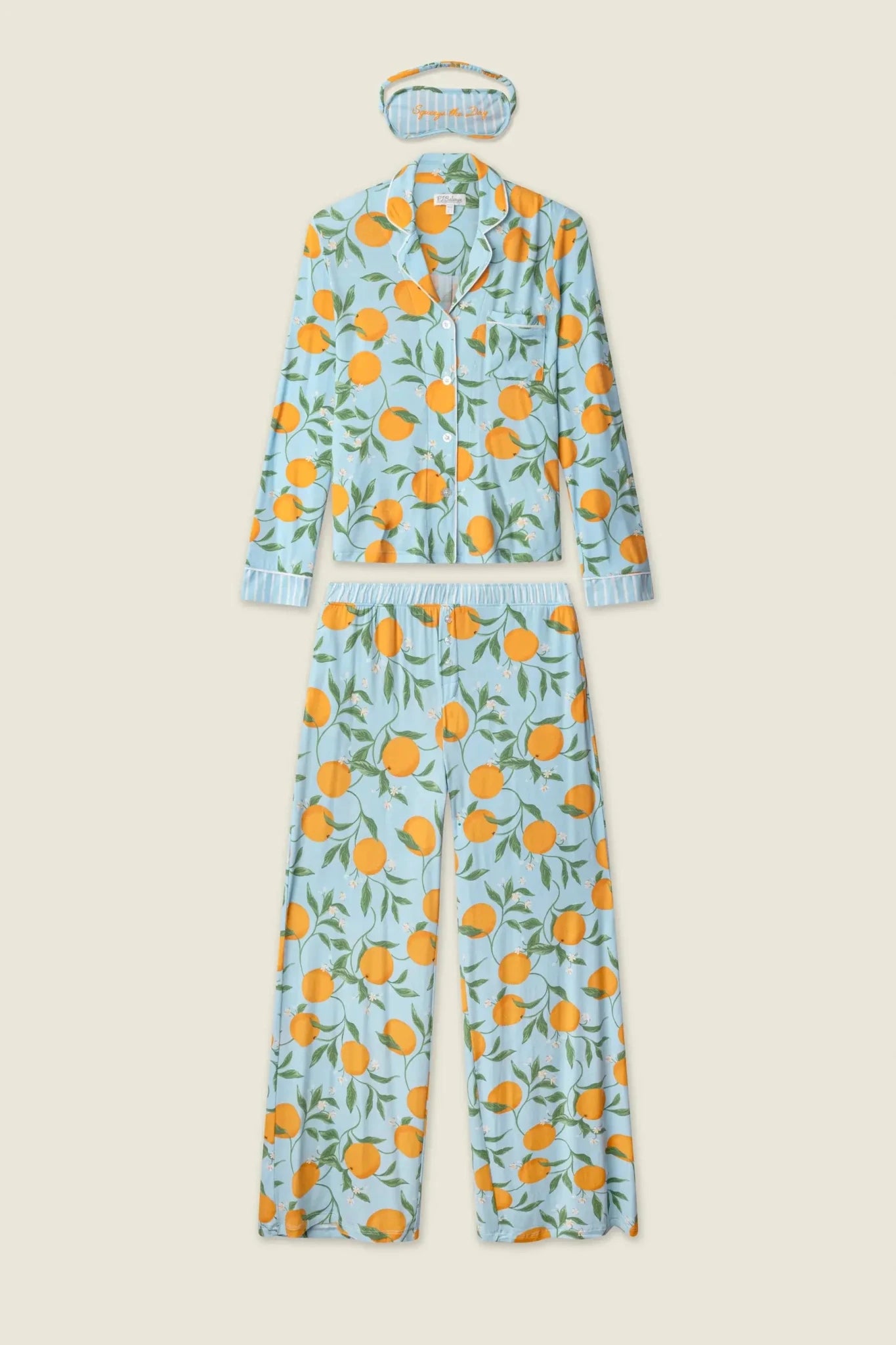 PJ Salvage Citrus Dreams 3-Piece PJ Set including top, pants, and eye mask with citrus print.