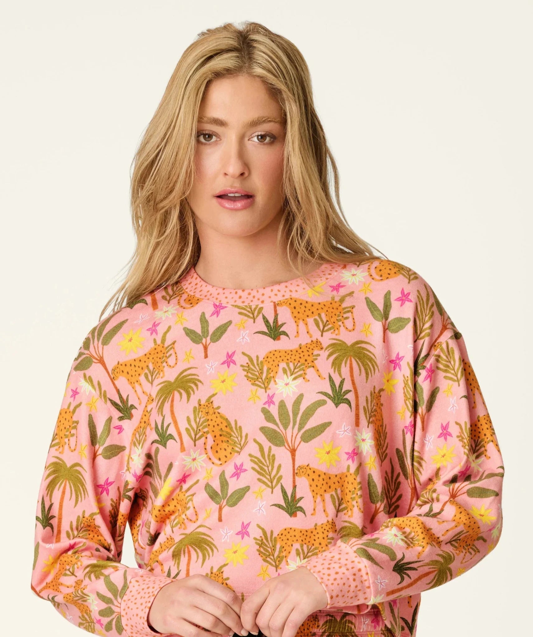 PJ Salvage In The Jungle leopard safari print long sleeve top and pant set in peachy jersey — Cloud Nine Pajamas Edmonton