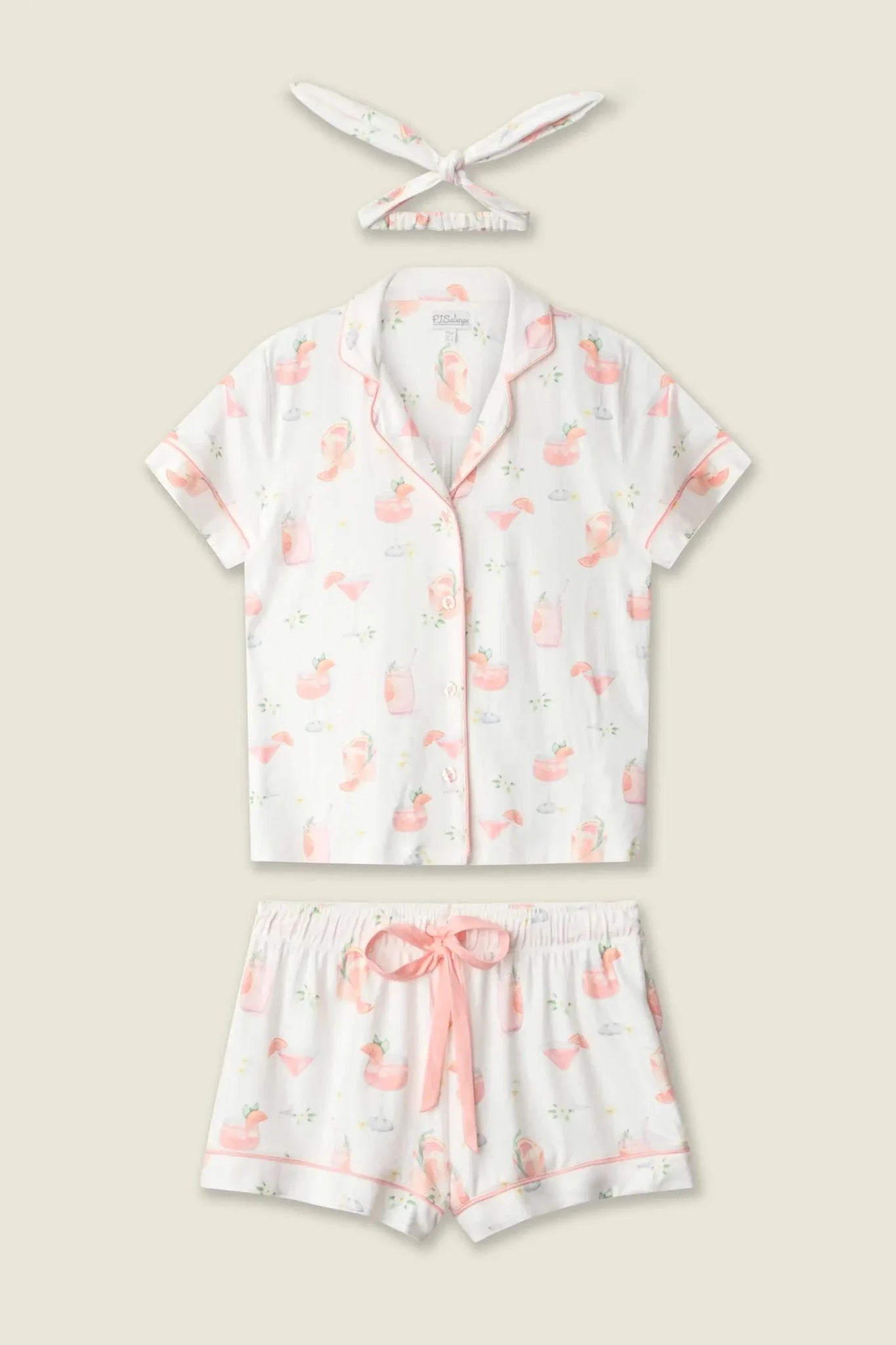 PJ Salvage Paloma Mama Sweet Sips 3-Piece Pajama Set featuring a short-sleeve top, shorts, and headband in a playful print.