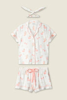 PJ Salvage Paloma Mama Sweet Sips 3-Piece Pajama Set featuring a short-sleeve top, shorts, and headband in a playful print.